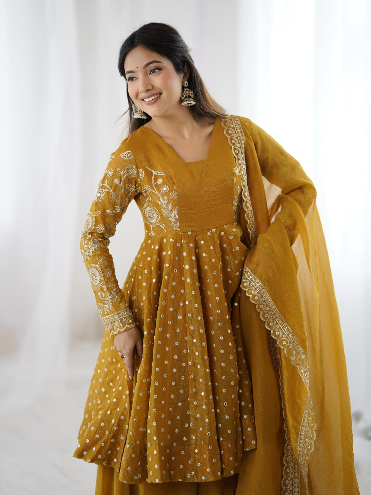 Mustard Yellow Embroidery Sequence Work Sharara set
